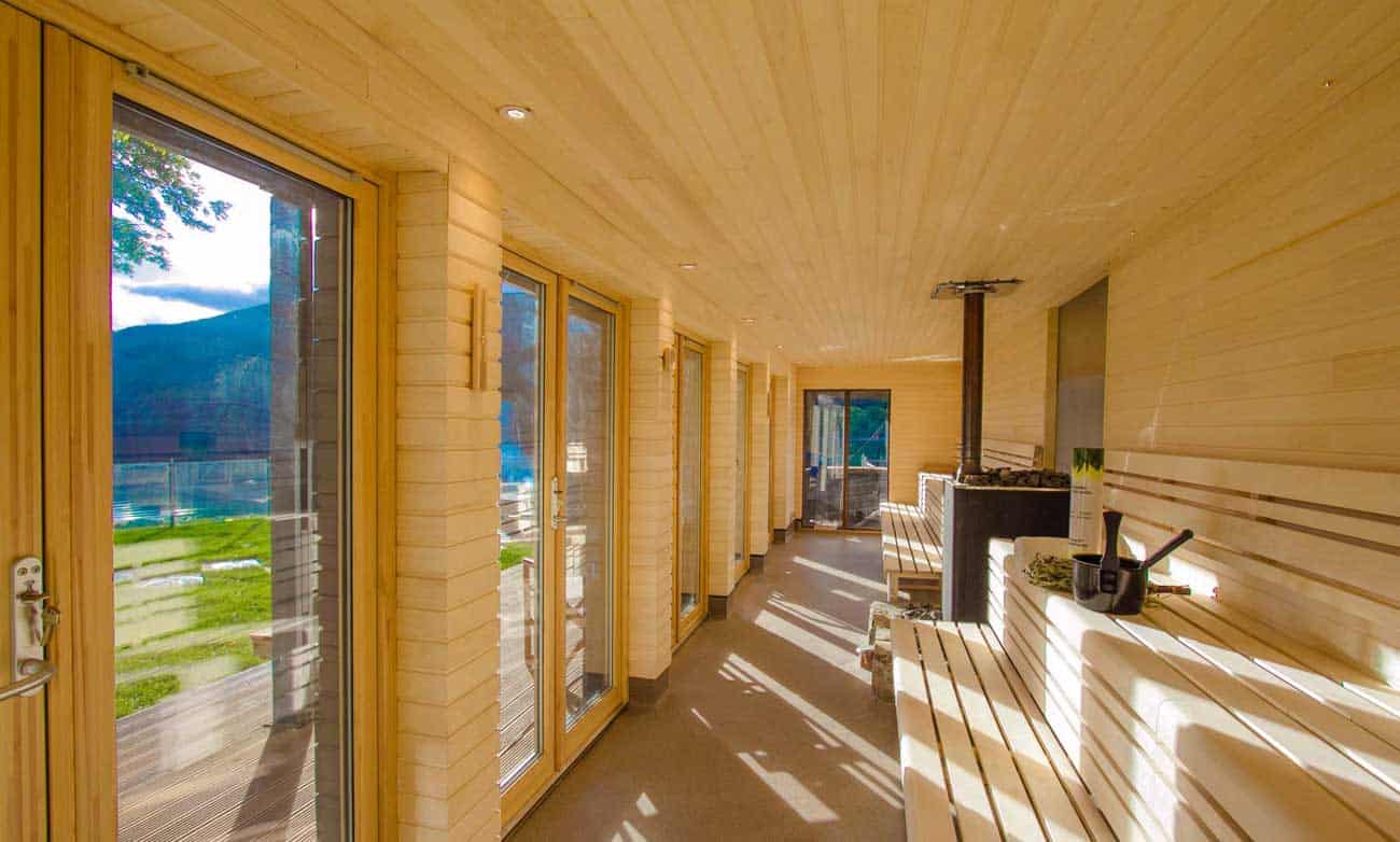 Long view of the hot box sauna with window overlooking Loch Tay