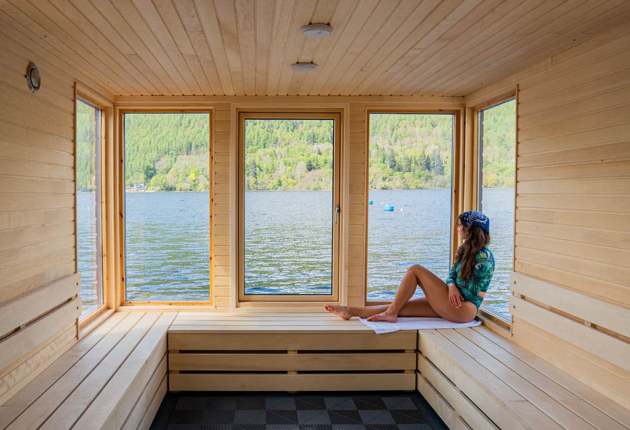 Floating sauna moored on Loch Tay