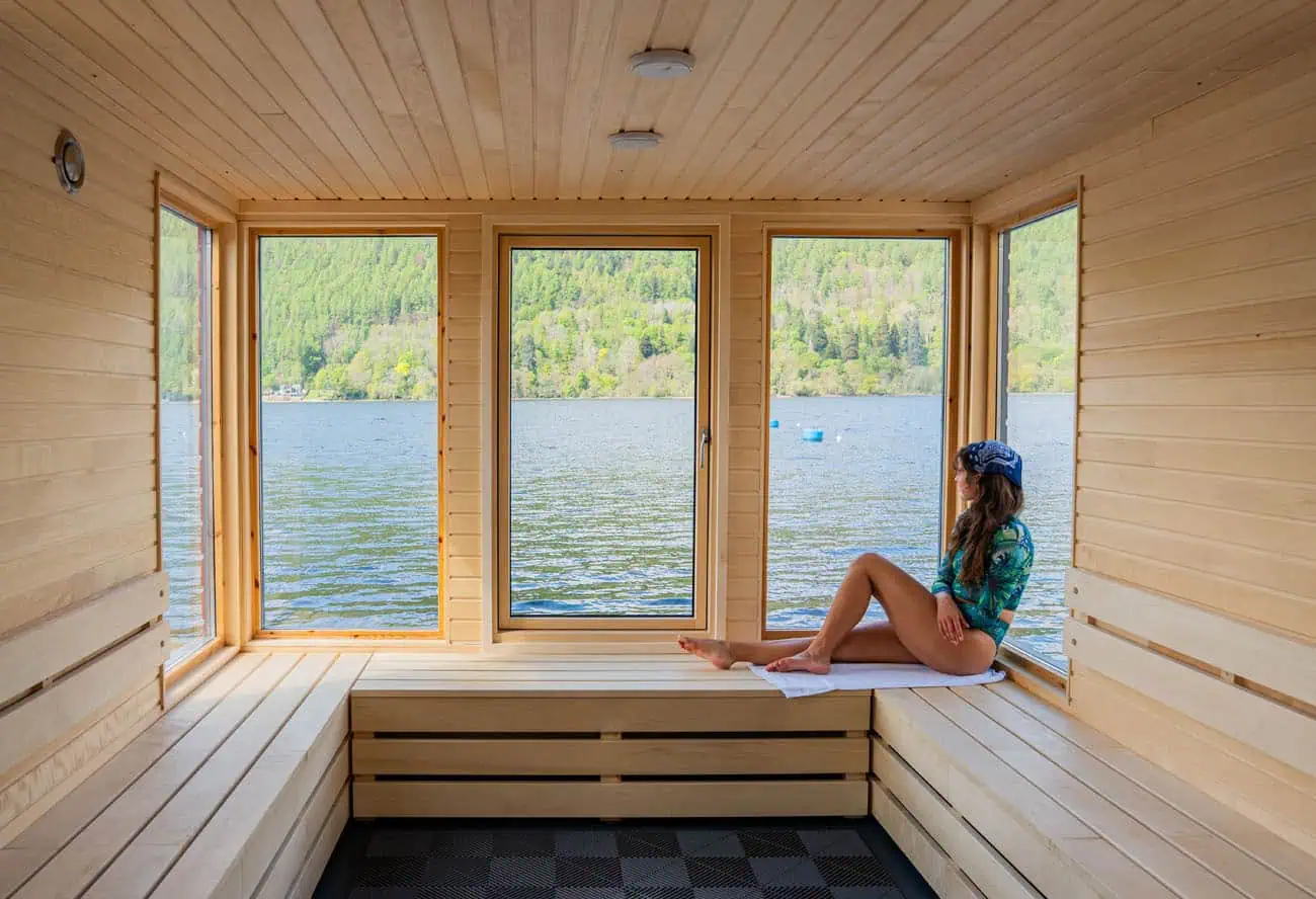Floating sauna moored on Loch Tay