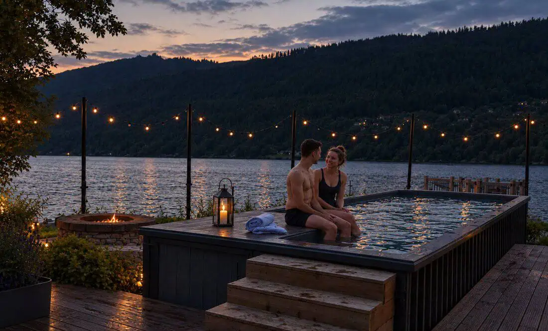A couple enjoying HotBox Original after dark at Taymouth Marina
